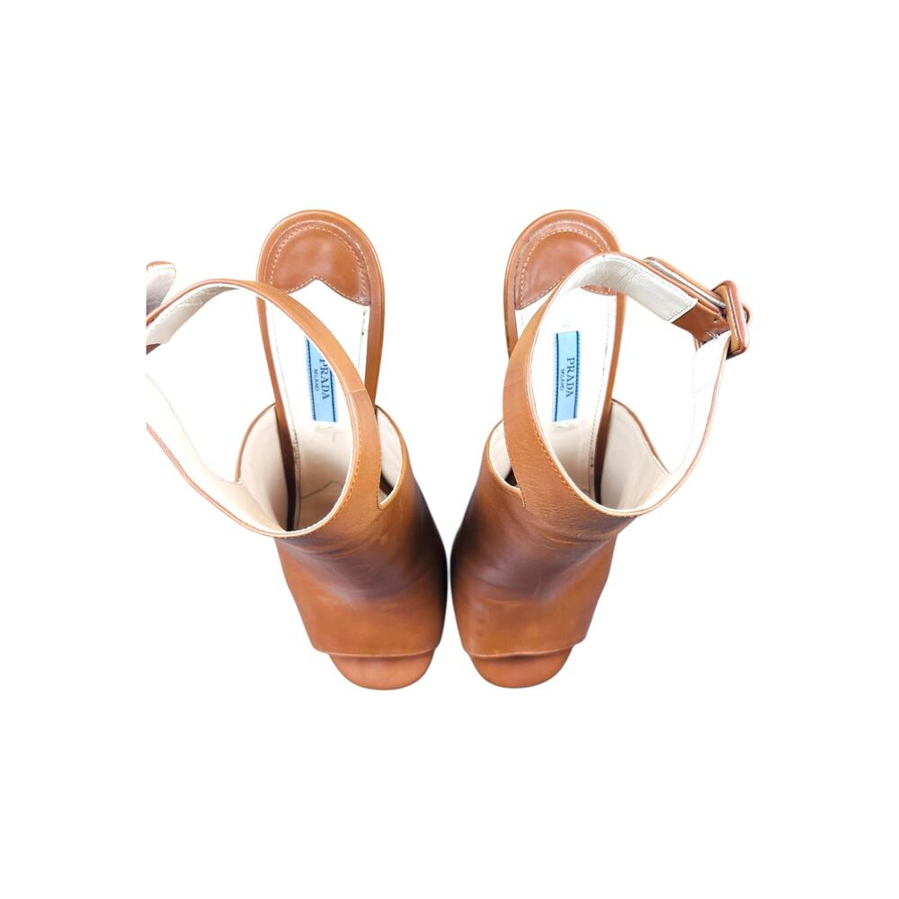 Prada Brown Leather Metallic Block Heel Ankle Strap Sandals 40 - Picture 2 of 10